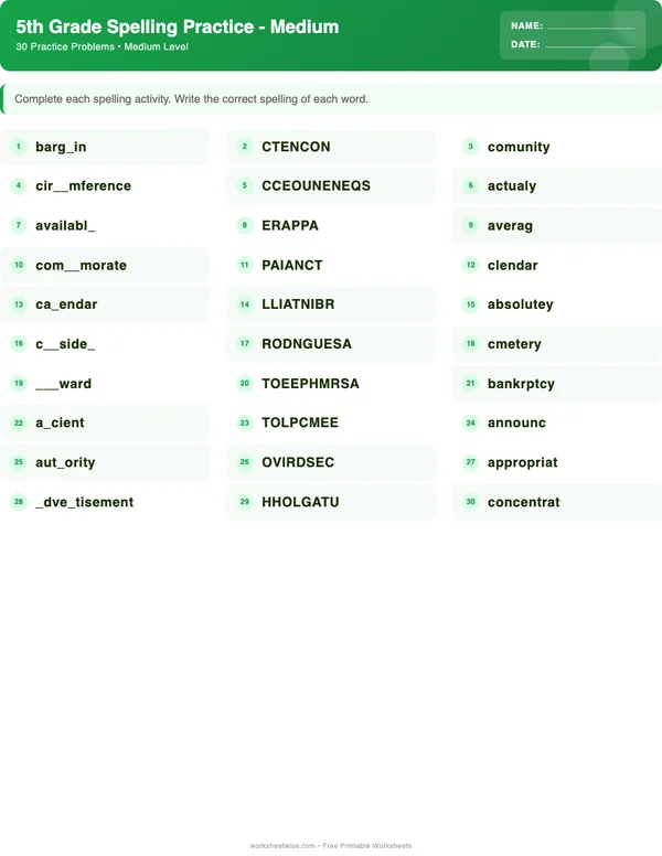 5th Grade Spelling Words Worksheets - Dinosaur Theme (Medium)