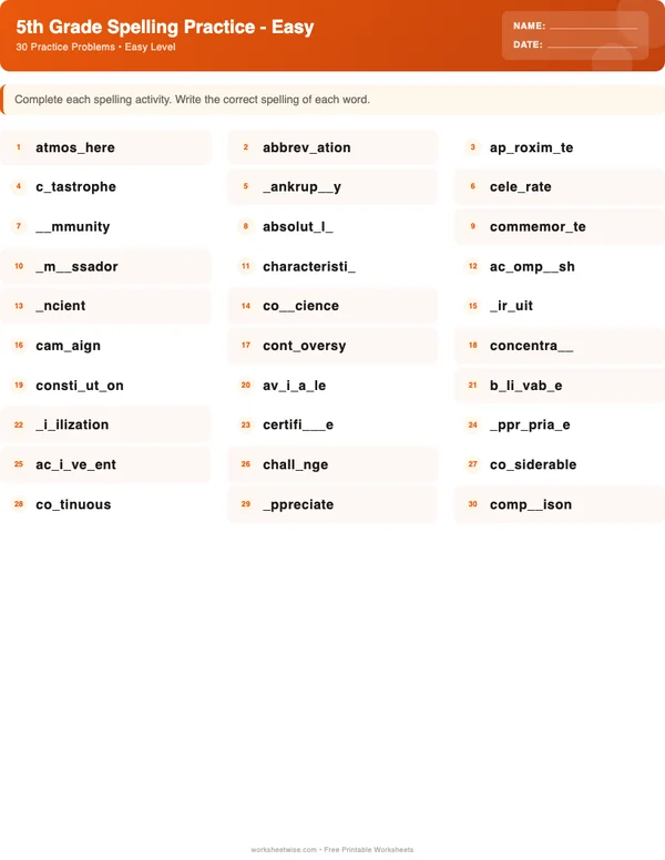 5th Grade Spelling Words Worksheets - Halloween Theme (Easy)