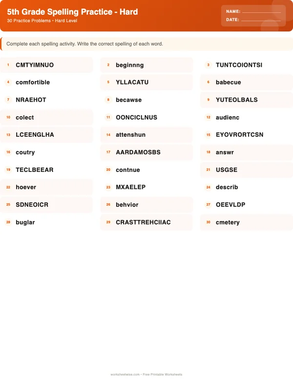 5th Grade Spelling Words Worksheets - Halloween Theme (Hard)