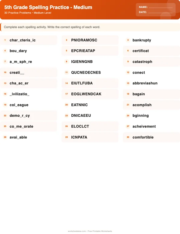 5th Grade Spelling Words Worksheets - Halloween Theme (Medium)