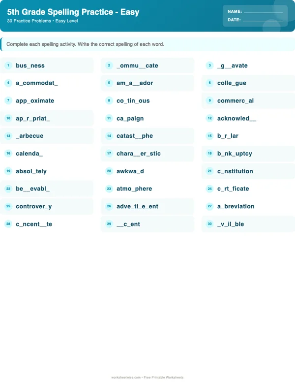 5th Grade Spelling Words Worksheets - Ocean Theme (Easy)