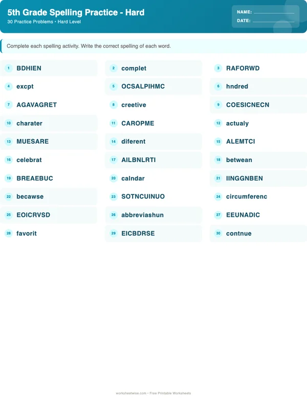 5th Grade Spelling Words Worksheets - Ocean Theme (Hard)