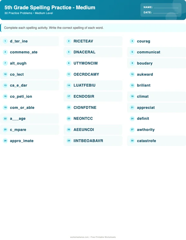 5th Grade Spelling Words Worksheets - Ocean Theme (Medium)