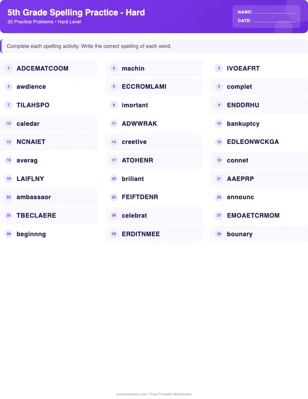 5th Grade Spelling Words Worksheets - Space Theme (Hard)