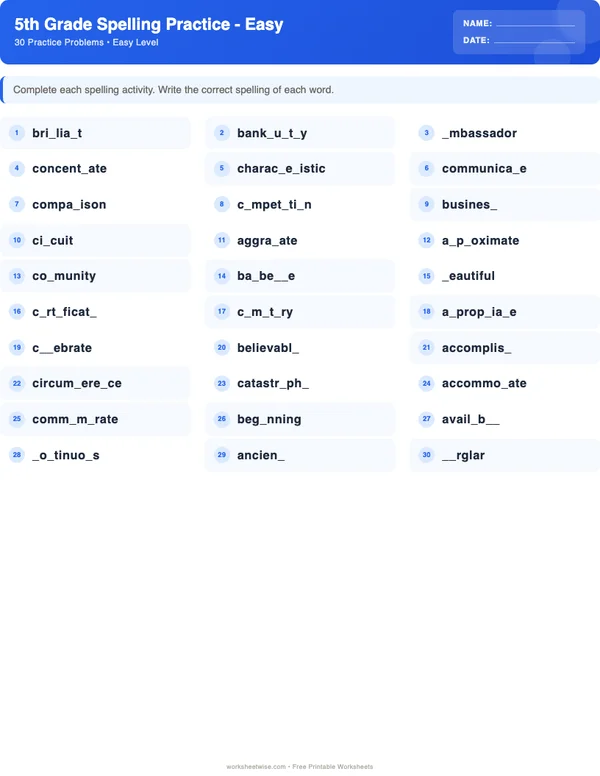 5th Grade Spelling Words Worksheets - Standard Theme (Easy)