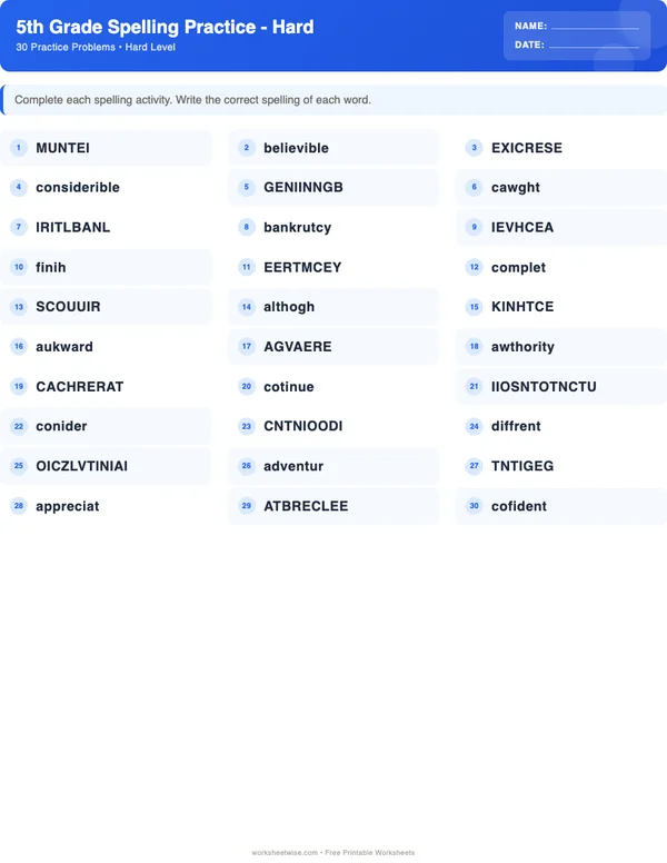 5th Grade Spelling Words Worksheets - Standard Theme (Hard)