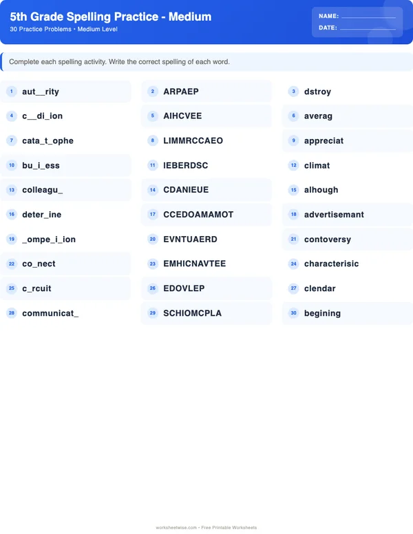 5th Grade Spelling Words Worksheets - Standard Theme (Medium)