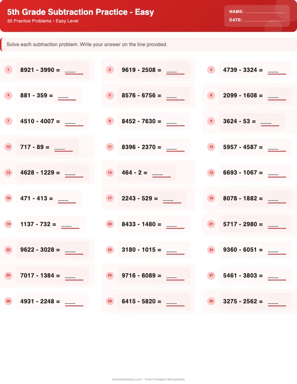 5th Grade Subtraction Worksheets - Christmas Theme (Easy)
