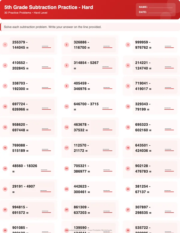 5th Grade Subtraction Worksheets - Christmas Theme (Hard)