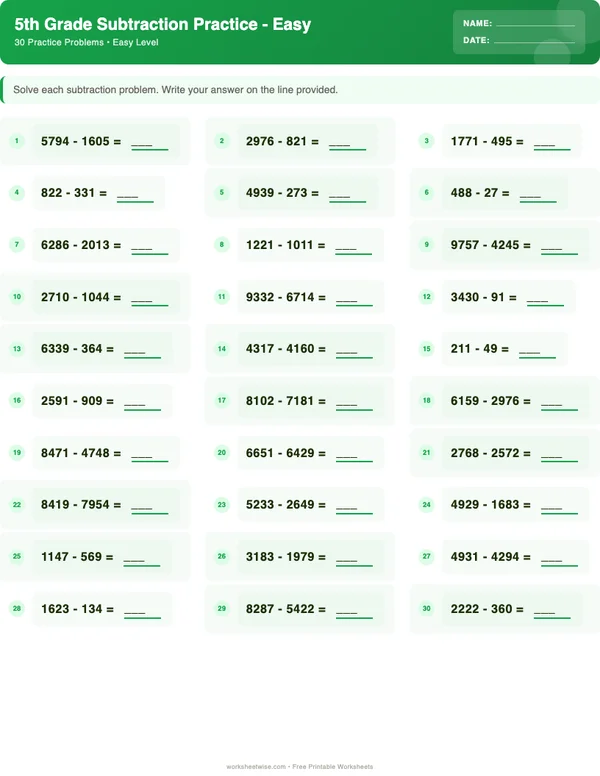 5th Grade Subtraction Worksheets - Dinosaur Theme (Easy)