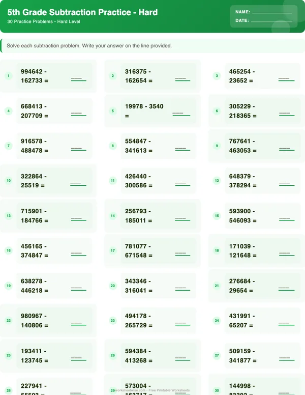 5th Grade Subtraction Worksheets - Dinosaur Theme (Hard)