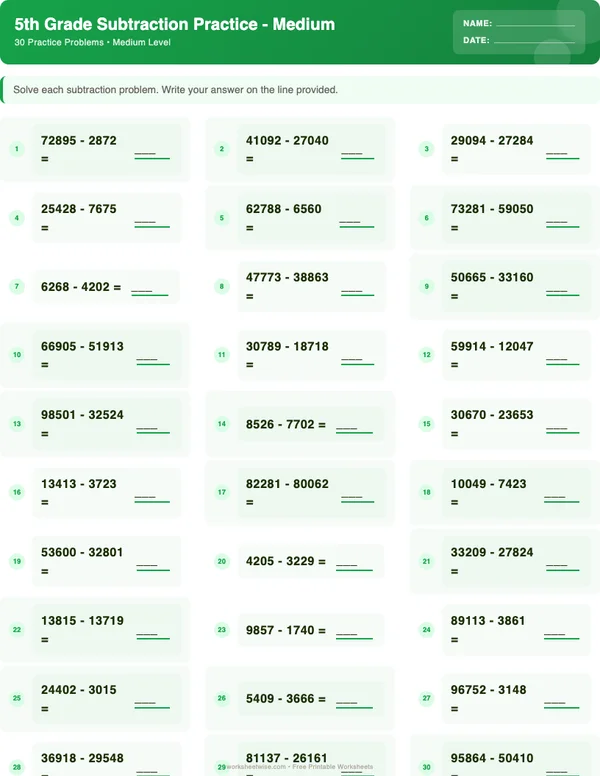 5th Grade Subtraction Worksheets - Dinosaur Theme (Medium)