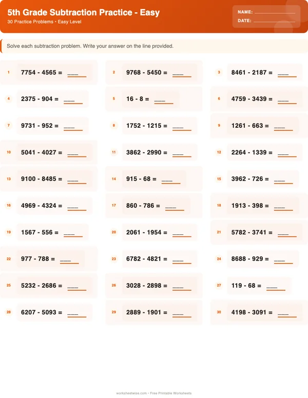 5th Grade Subtraction Worksheets - Halloween Theme (Easy)