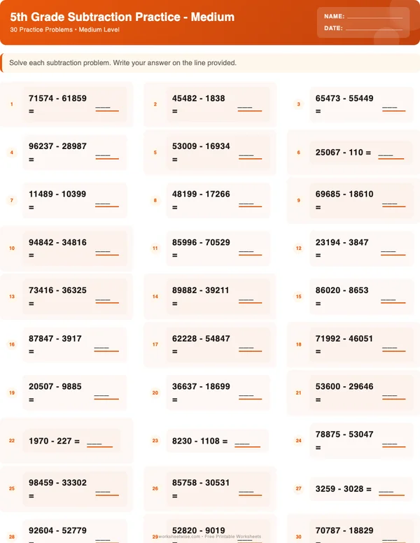 5th Grade Subtraction Worksheets - Halloween Theme (Medium)