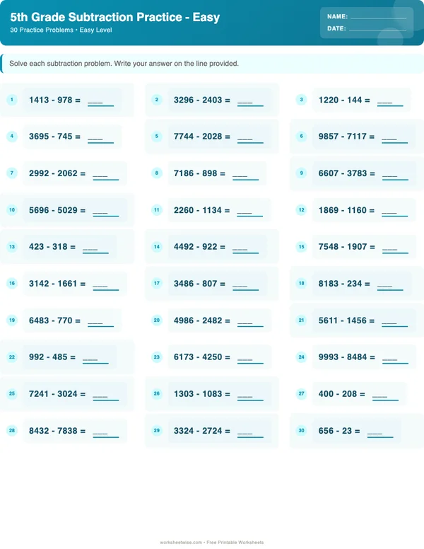 5th Grade Subtraction Worksheets - Ocean Theme (Easy)