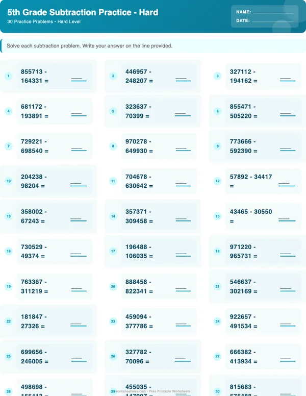 5th Grade Subtraction Worksheets - Ocean Theme (Hard)