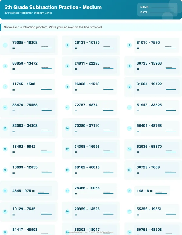 5th Grade Subtraction Worksheets - Ocean Theme (Medium)