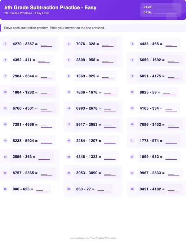 5th Grade Subtraction Worksheets - Space Theme (Easy)
