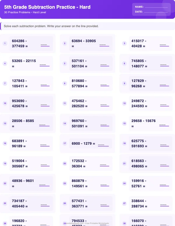 5th Grade Subtraction Worksheets - Space Theme (Hard)