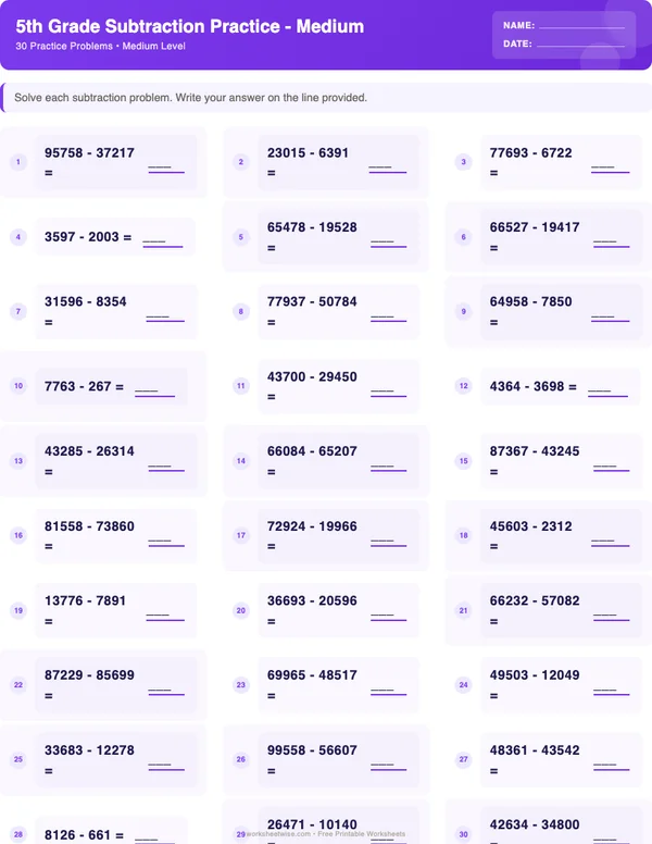 5th Grade Subtraction Worksheets - Space Theme (Medium)