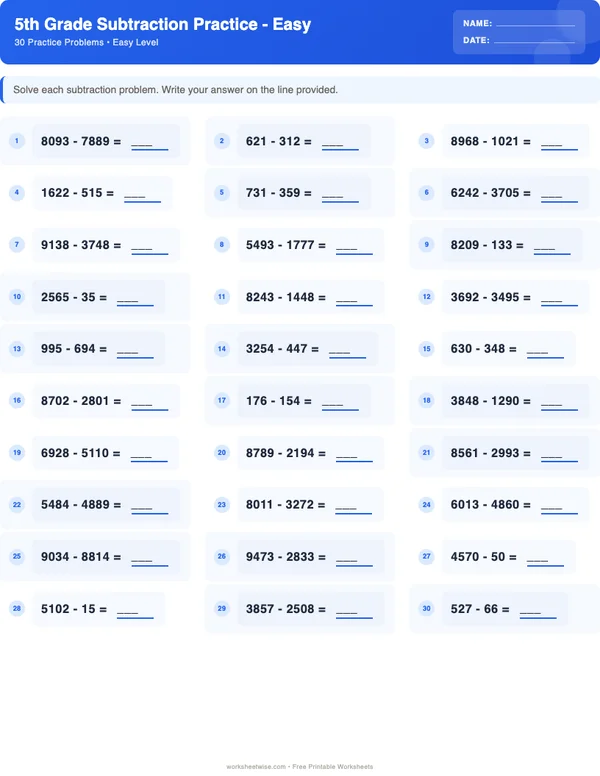 5th Grade Subtraction Worksheets - Standard Theme (Easy)