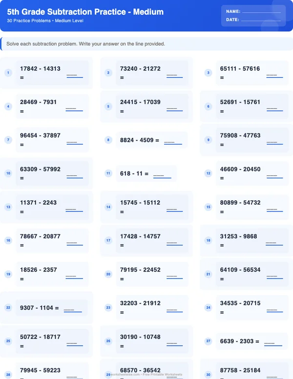 5th Grade Subtraction Worksheets - Standard Theme (Medium)