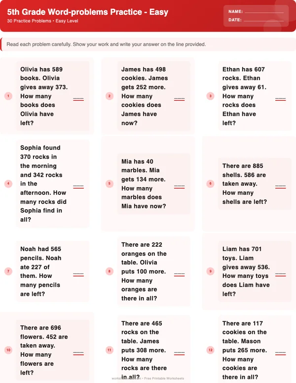 5th Grade Word Problems Worksheets - Christmas Theme (Easy)
