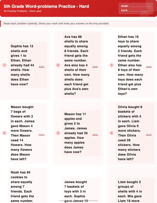 5th Grade Word Problems Worksheets - Christmas Theme (Hard)