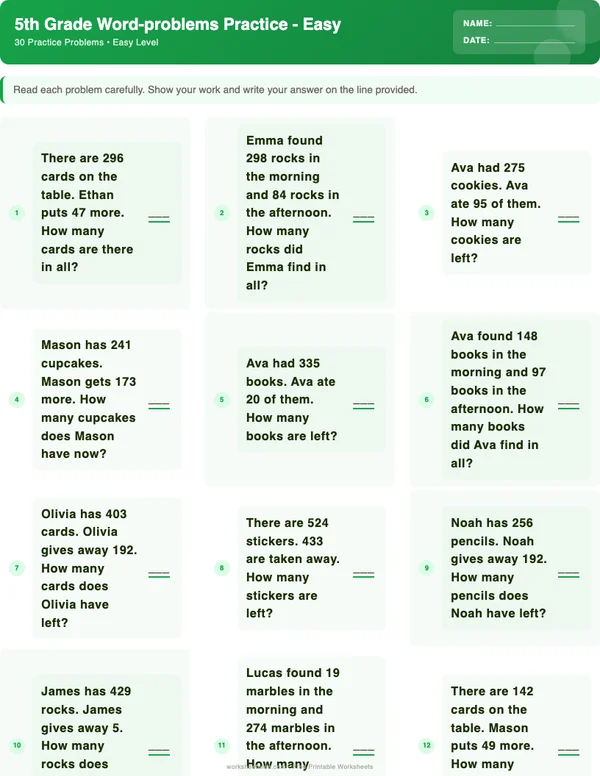 5th Grade Word Problems Worksheets - Dinosaur Theme (Easy)