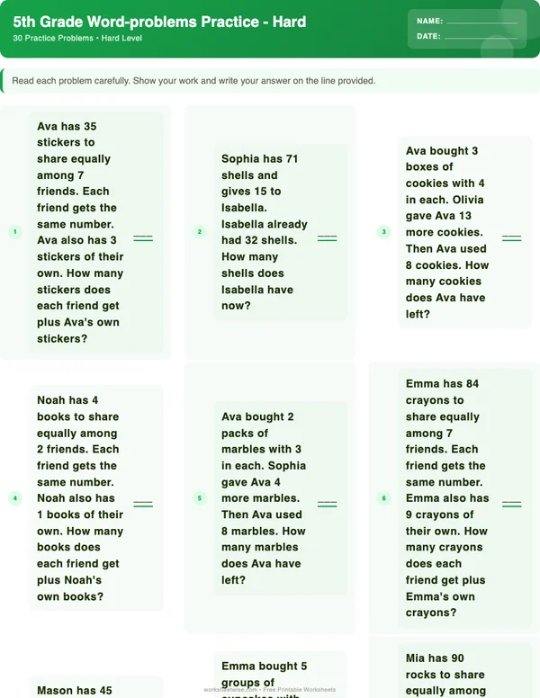 5th Grade Word Problems Worksheets - Dinosaur Theme (Hard)