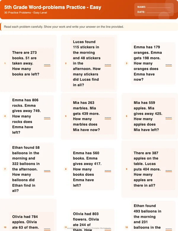 5th Grade Word Problems Worksheets - Halloween Theme (Easy)