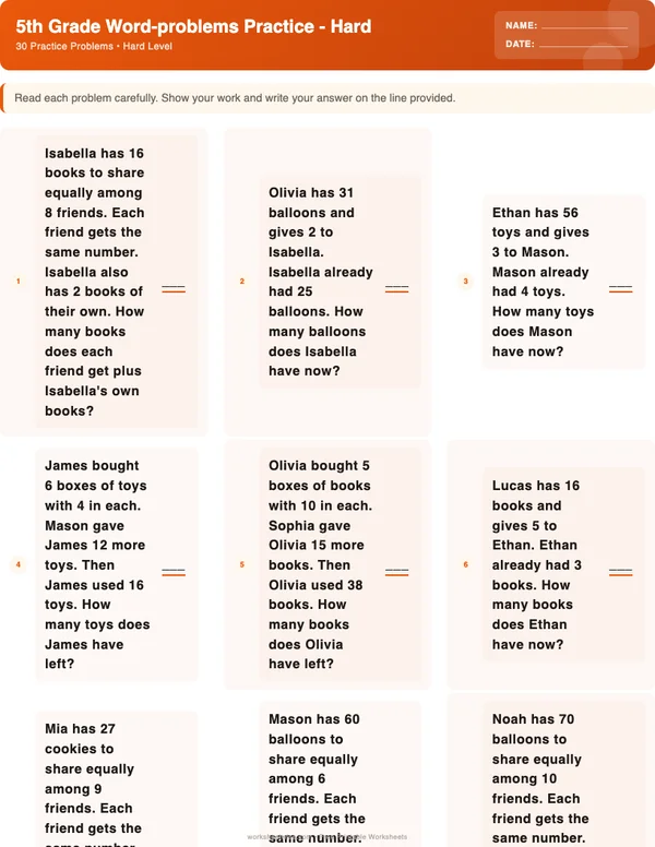 5th Grade Word Problems Worksheets - Halloween Theme (Hard)
