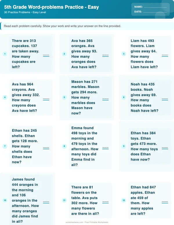 5th Grade Word Problems Worksheets - Ocean Theme (Easy)