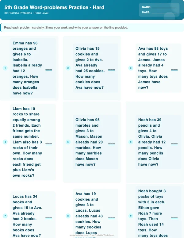 5th Grade Word Problems Worksheets - Ocean Theme (Hard)