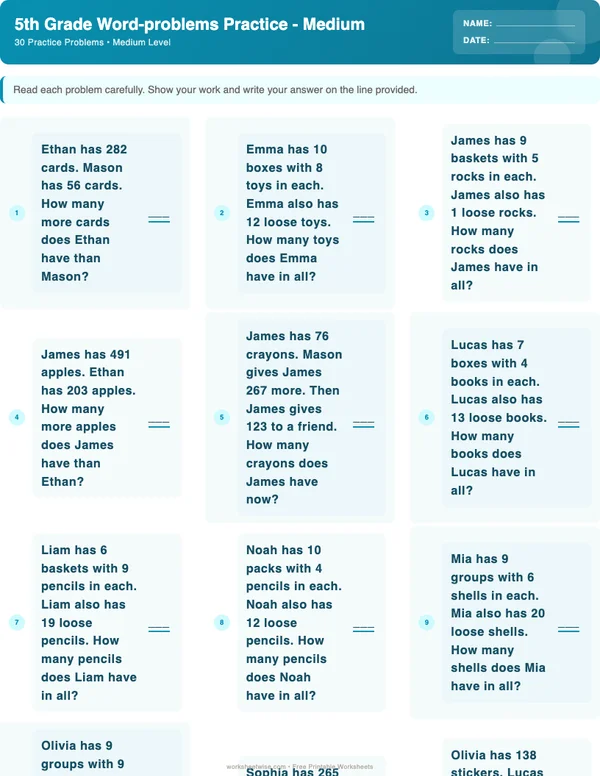 5th Grade Word Problems Worksheets - Ocean Theme (Medium)