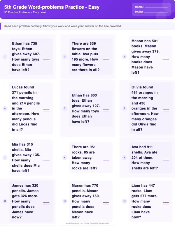 5th Grade Word Problems Worksheets - Space Theme (Easy)