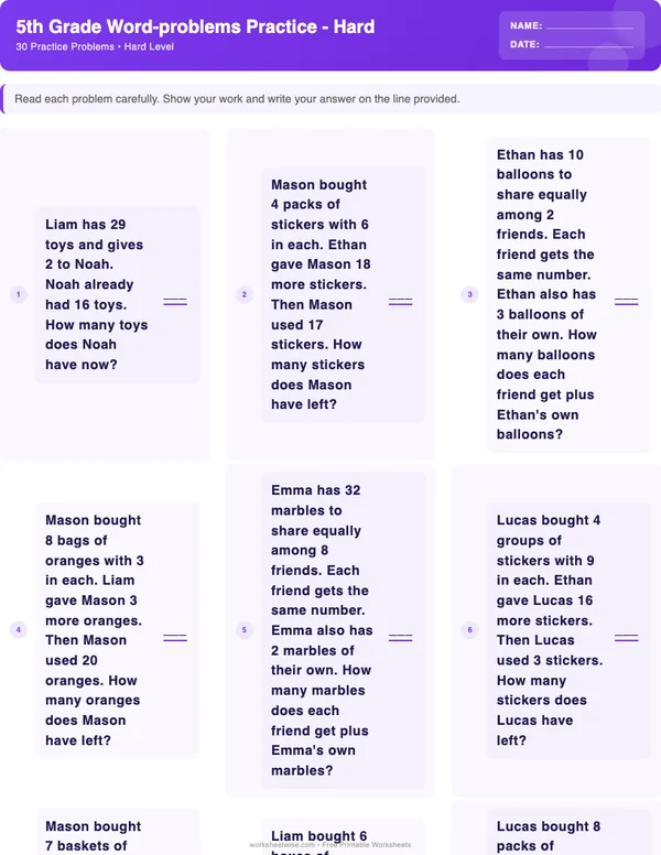 5th Grade Word Problems Worksheets - Space Theme (Hard)
