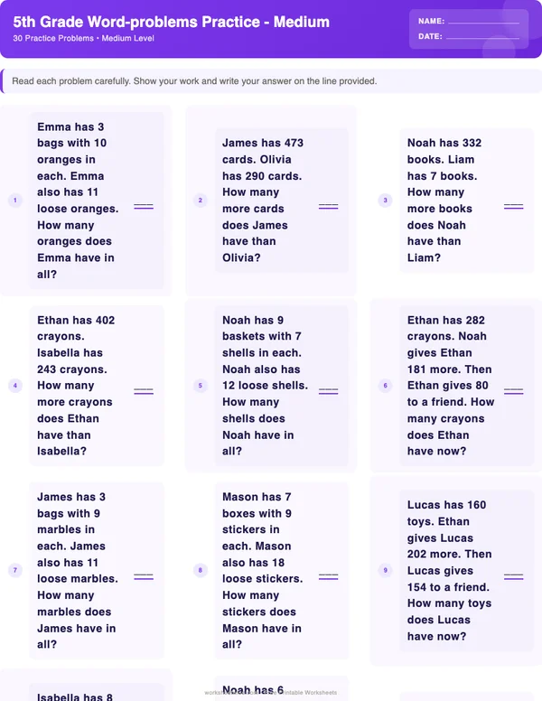 5th Grade Word Problems Worksheets - Space Theme (Medium)