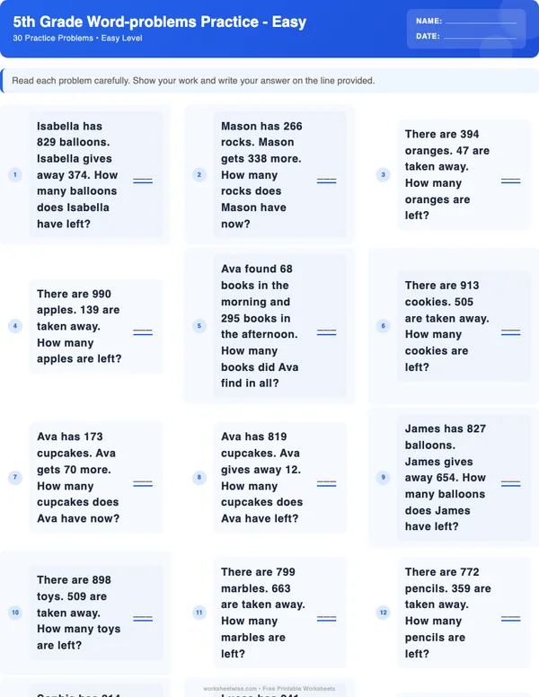 5th Grade Word Problems Worksheets - Standard Theme (Easy)