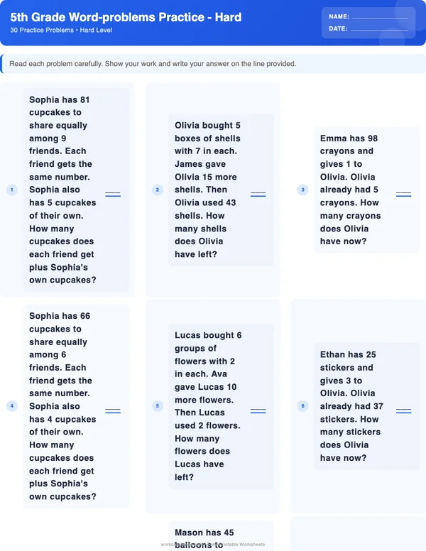 5th Grade Word Problems Worksheets - Standard Theme (Hard)