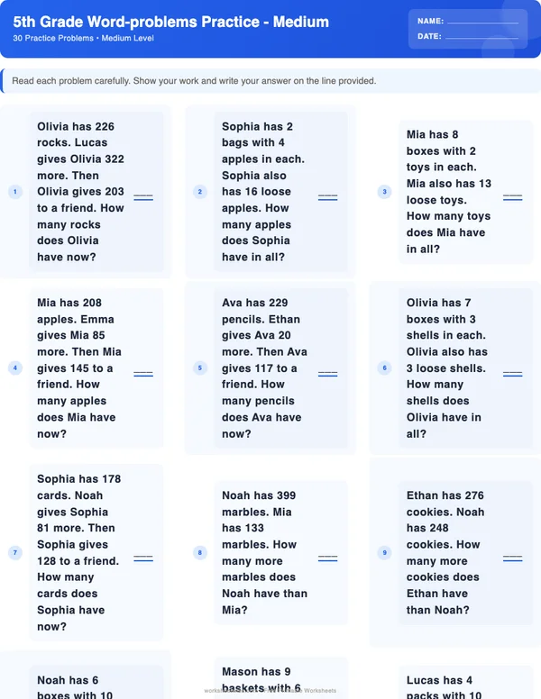 5th Grade Word Problems Worksheets - Standard Theme (Medium)
