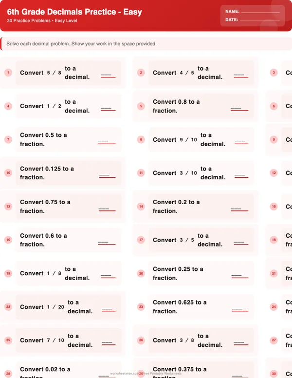 6th Grade Decimals Worksheets - Christmas Theme (Easy)