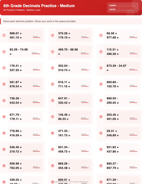 6th Grade Decimals Worksheets - Christmas Theme (Medium)