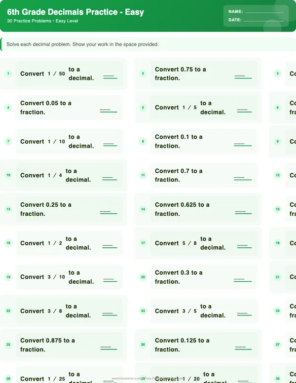 6th Grade Decimals Worksheets - Dinosaur Theme (Easy)