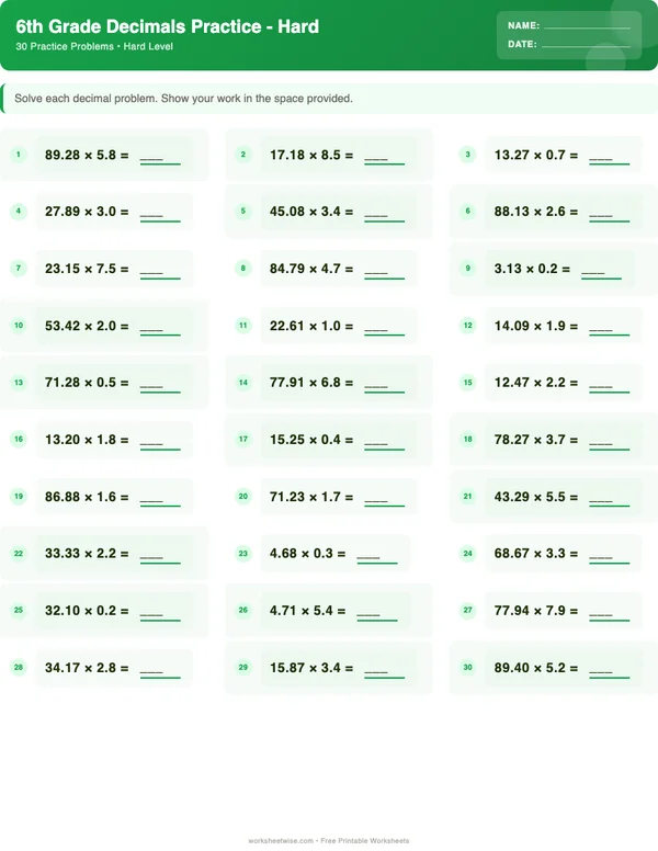 6th Grade Decimals Worksheets - Dinosaur Theme (Hard)