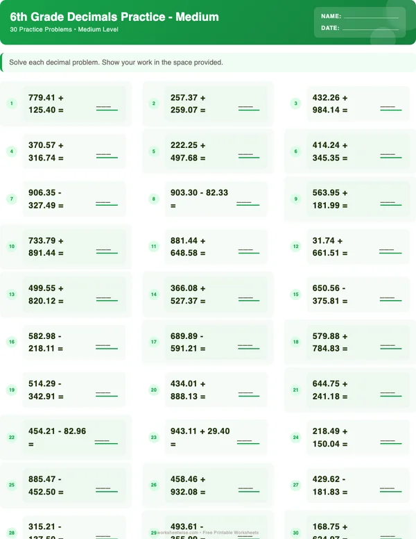 6th Grade Decimals Worksheets - Dinosaur Theme (Medium)