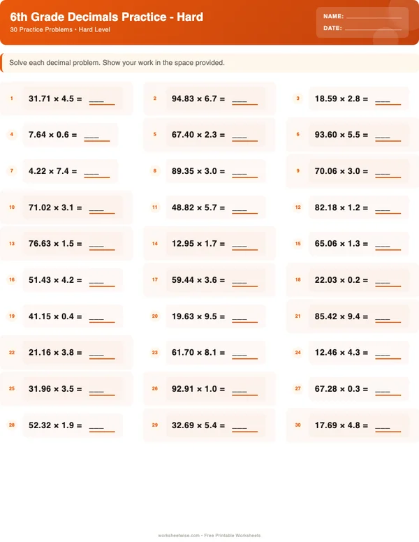 6th Grade Decimals Worksheets - Halloween Theme (Hard)