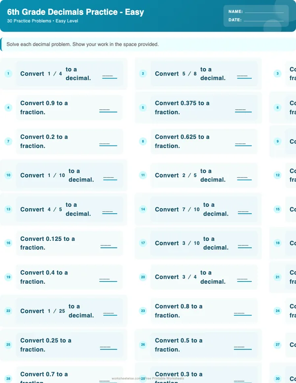 6th Grade Decimals Worksheets - Ocean Theme (Easy)