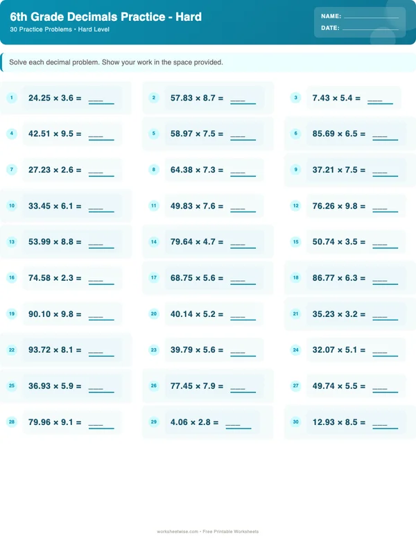 6th Grade Decimals Worksheets - Ocean Theme (Hard)