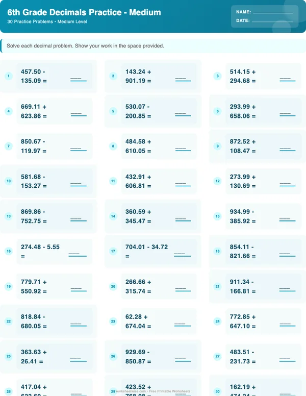 6th Grade Decimals Worksheets - Ocean Theme (Medium)